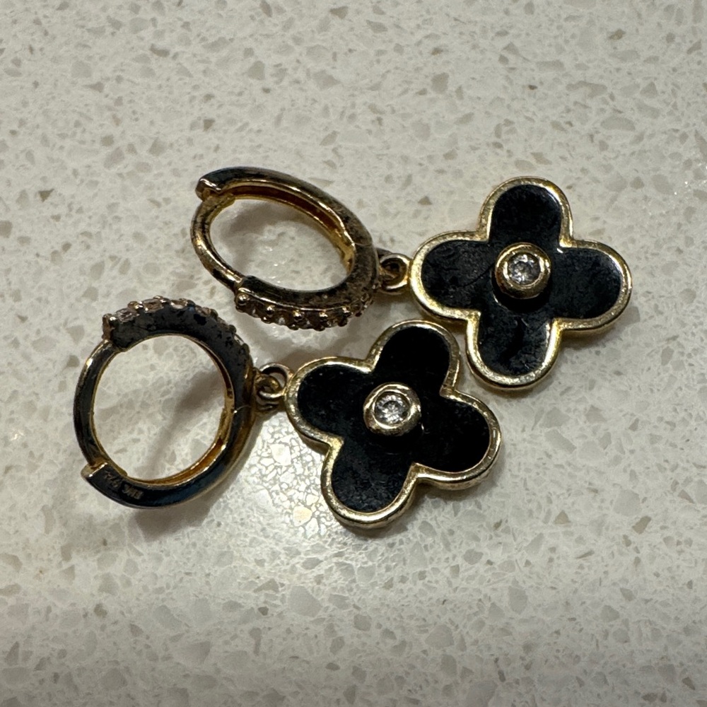 Gold-Tone Black Clover Drop Earrings with Crystal Center - Picture 4 of 4